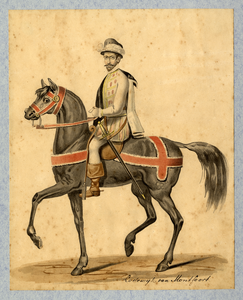 32644 Afbeelding van een kostuumontwerp van Lodewijk van Montfoort te paard, figurant in de maskerade van de studenten ...